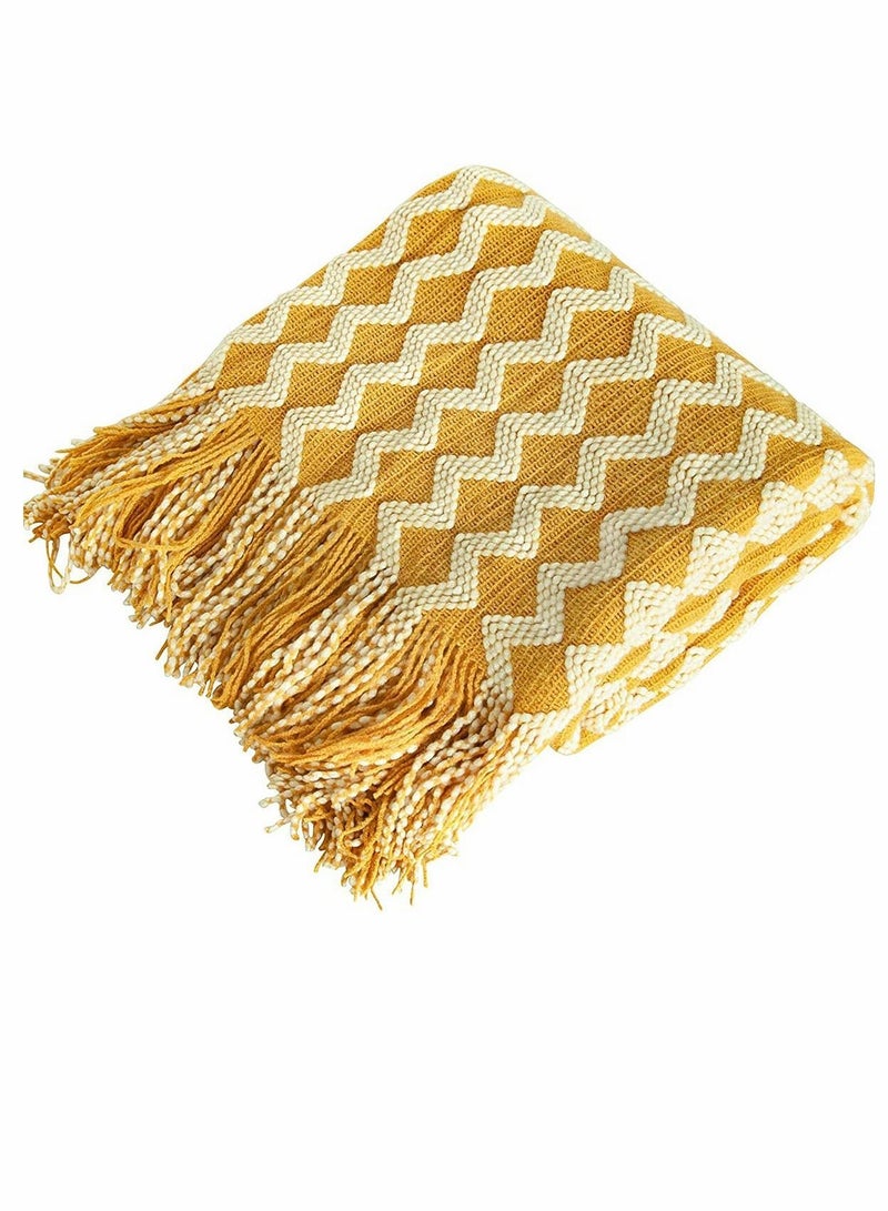 Y&D Acrylic Knitted Throw Blanket, Lightweight and Soft Decorative Woven Blanket with Tassels for Bed, Sofa, 51 x 67 Inches, Mustard Yellow Wave - Image 1