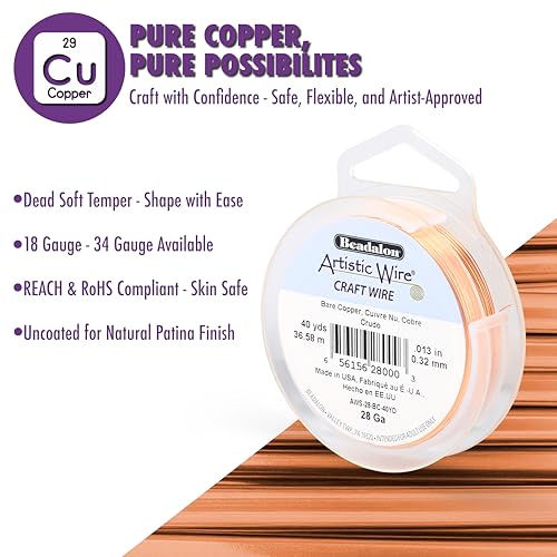 Artistic Wire سلك فني، 18 قياس نحاس عاري غير مطلي، سلك حرفة نحاسي، 10 ياردة - Image 2