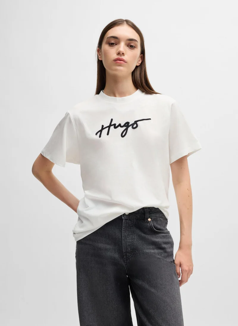 HUGO Cotton T-shirt with flock print and rhinestones