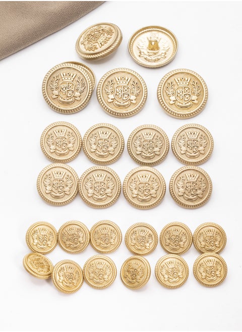 26-Piece Metal Button Set with Crown and Laurel Design, Gold