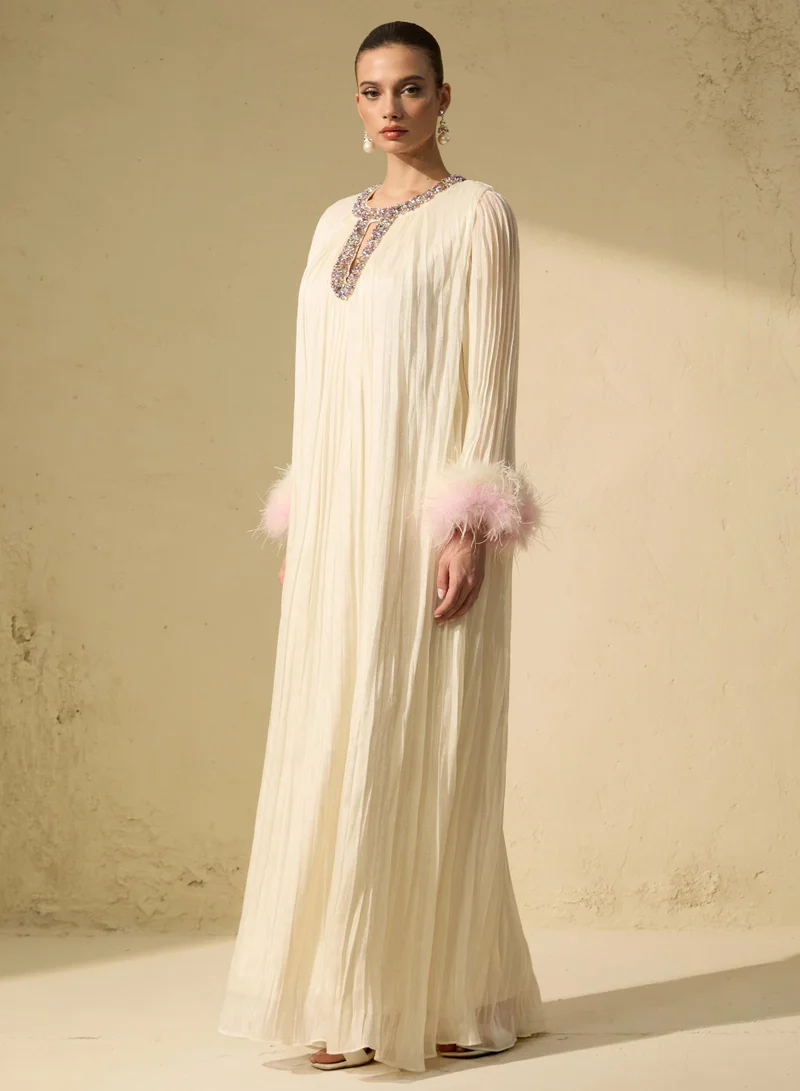 Sunfere Yvonne Diamante Feathered Pleated Maxi Chiffon Dress