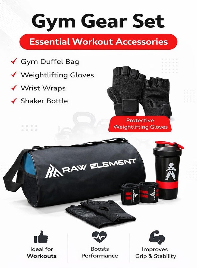 Raw Element Gym Gear Set - Gym Duffel Bag, Weightlifting Gloves, Wrist Wraps & 700ml Shaker Bottle | Complete Workout Accessories Kit for Gym, Home Training & Weight Lifting (Black & Blue) - Image 3