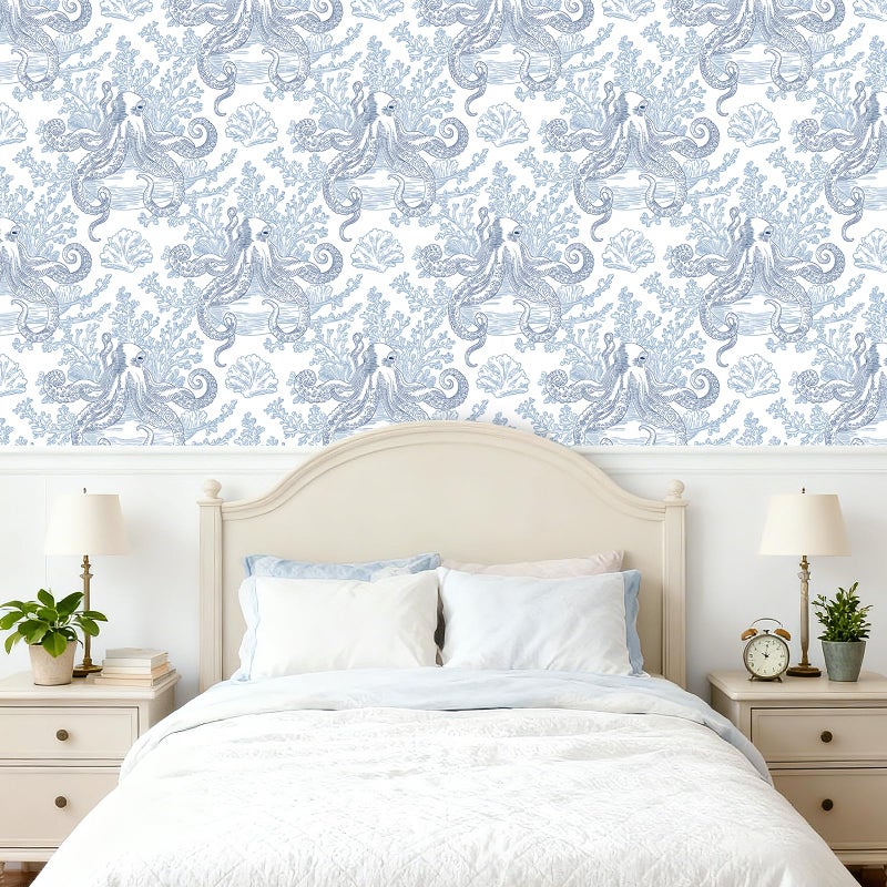 HelloWall Fantasy Ocean Wallpaper Peel and Stick Blue Octopus Coral Reef Sea Animal Coastal Toile Wallpaper Self Adhesive Blue and White Whimsical Vintage Nautical Fun Contact Paper Removable 17.5x80 - Image 4