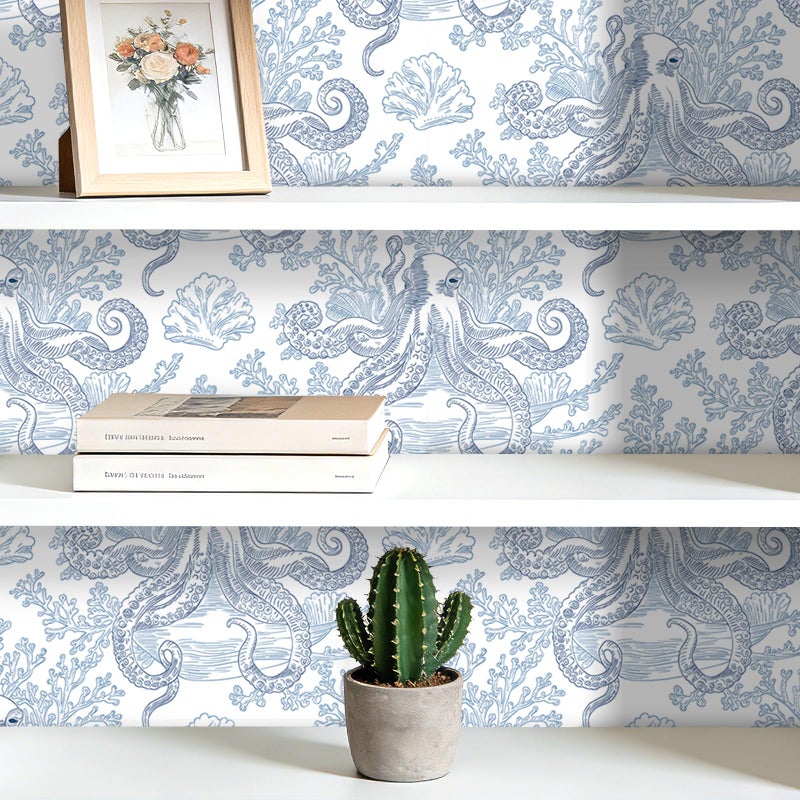 HelloWall Fantasy Ocean Wallpaper Peel and Stick Blue Octopus Coral Reef Sea Animal Coastal Toile Wallpaper Self Adhesive Blue and White Whimsical Vintage Nautical Fun Contact Paper Removable 17.5x80 - Image 5