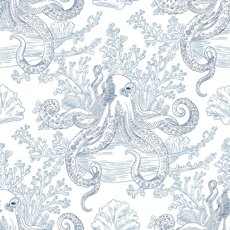 HelloWall Fantasy Ocean Wallpaper Peel and Stick Blue Octopus Coral Reef Sea Animal Coastal Toile Wallpaper Self Adhesive Blue and White Whimsical Vintage Nautical Fun Contact Paper Removable 17.5x80 - Image 1