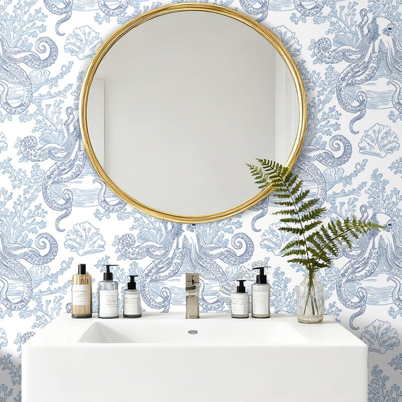 HelloWall Fantasy Ocean Wallpaper Peel and Stick Blue Octopus Coral Reef Sea Animal Coastal Toile Wallpaper Self Adhesive Blue and White Whimsical Vintage Nautical Fun Contact Paper Removable 17.5x80 - Image 3
