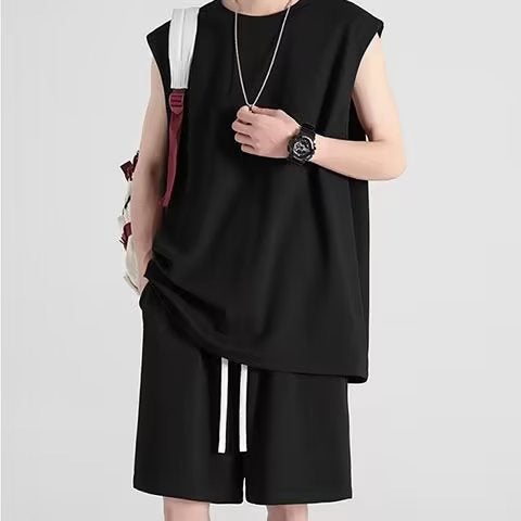 Artistic Vest Sleeveless Trendy Japanese Style Pants Casual suit Summer Fashion Mens New Simple Lazy Black 