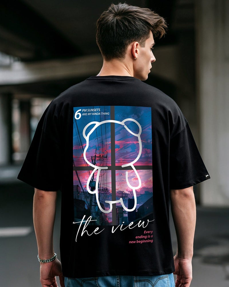 bewakoof Men's Black The View Graphic Printed Oversized T-shirt - Image 2