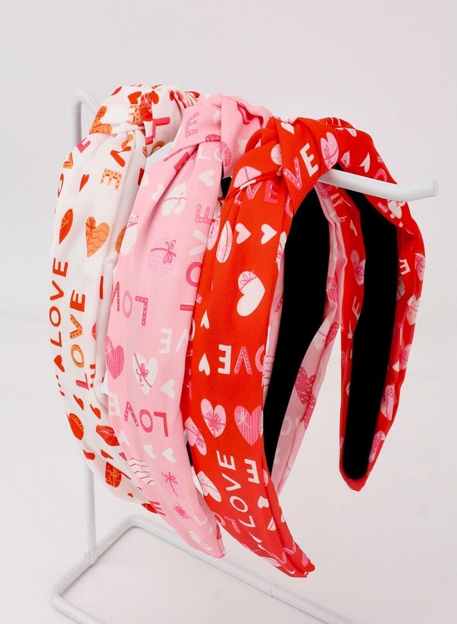 ACO-UINT 3 Pack Valentine’s Day Knotted Headbands for Women and Girls - Pink/White/Red Heart & Love Print Hair Hoops, Romantic Knot Hair Accessories for Date Nights, Parties, and Daily Styling - Image 1