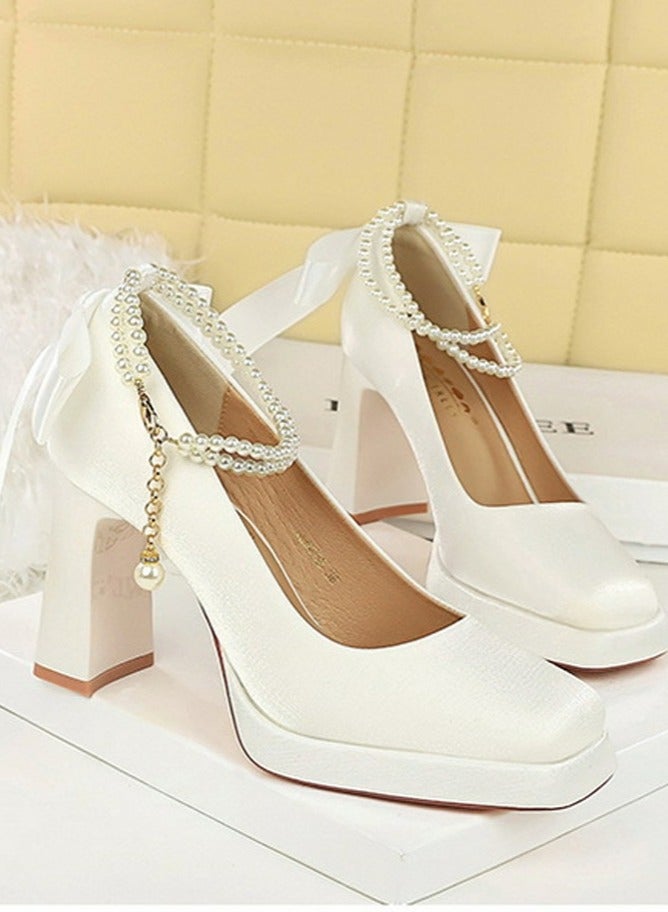 بيج تري المرأة الساتان منصة الكعب العالي مربع مغلق إصبع القدم مضخات أبيض 9CM - Image 2