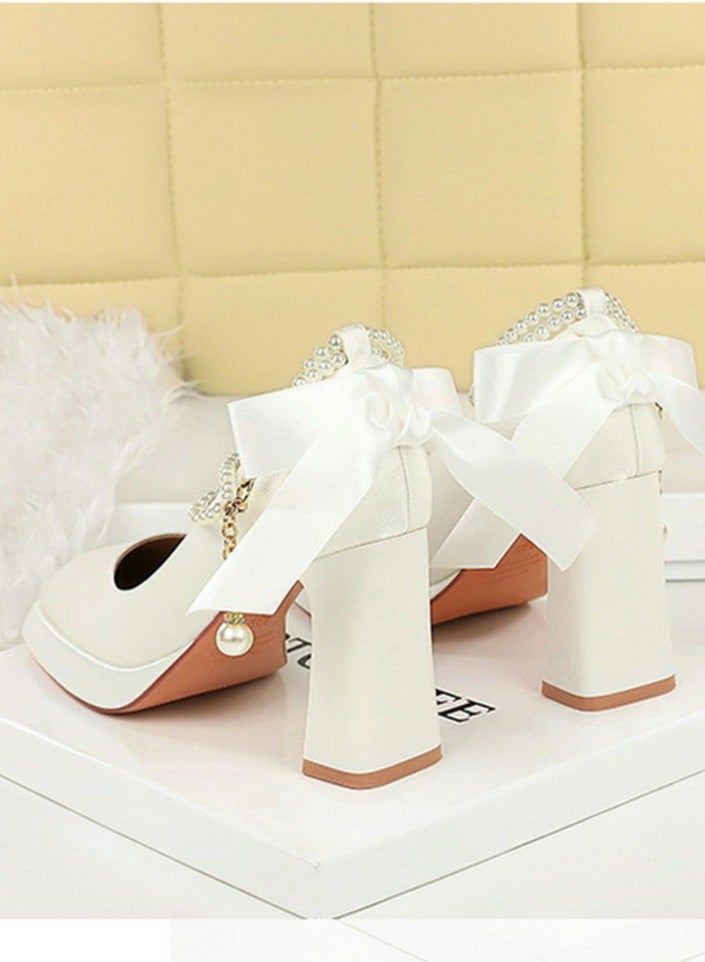 بيج تري المرأة الساتان منصة الكعب العالي مربع مغلق إصبع القدم مضخات أبيض 9CM - Image 3