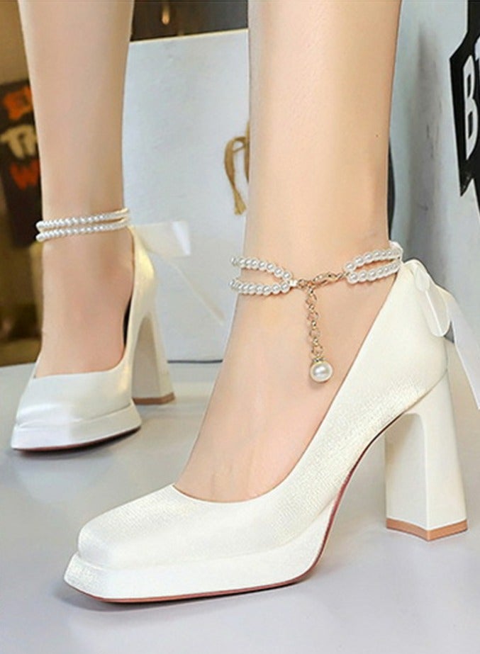 بيج تري المرأة الساتان منصة الكعب العالي مربع مغلق إصبع القدم مضخات أبيض 9CM - Image 4