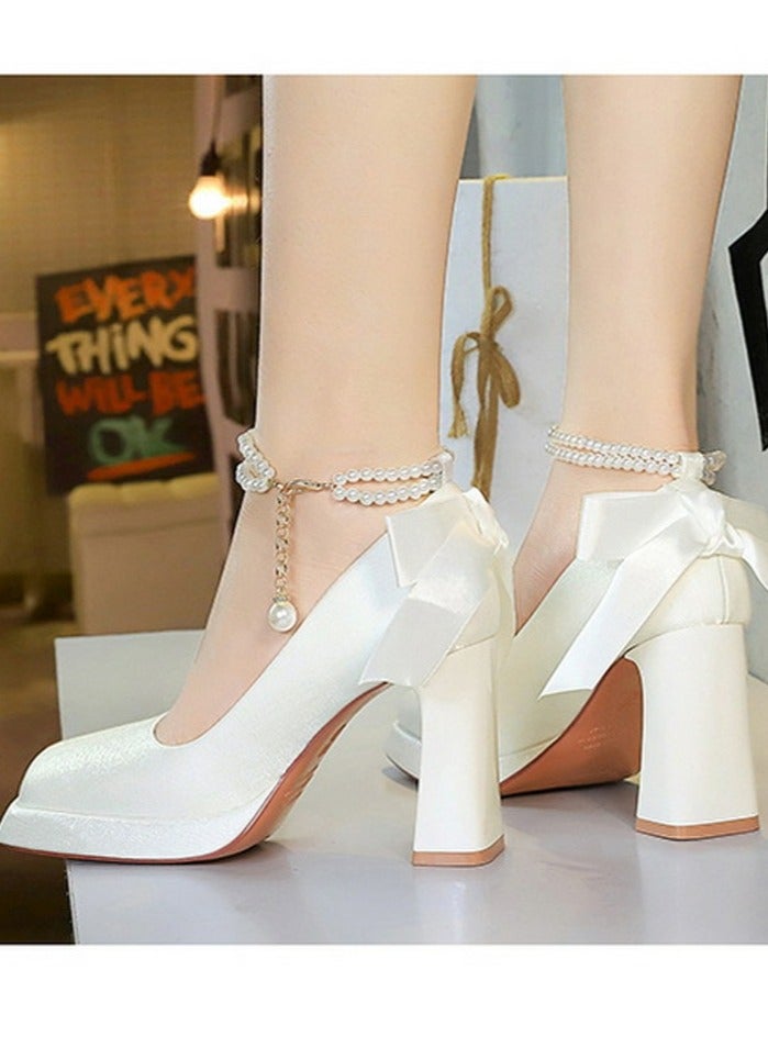 بيج تري المرأة الساتان منصة الكعب العالي مربع مغلق إصبع القدم مضخات أبيض 9CM - Image 5