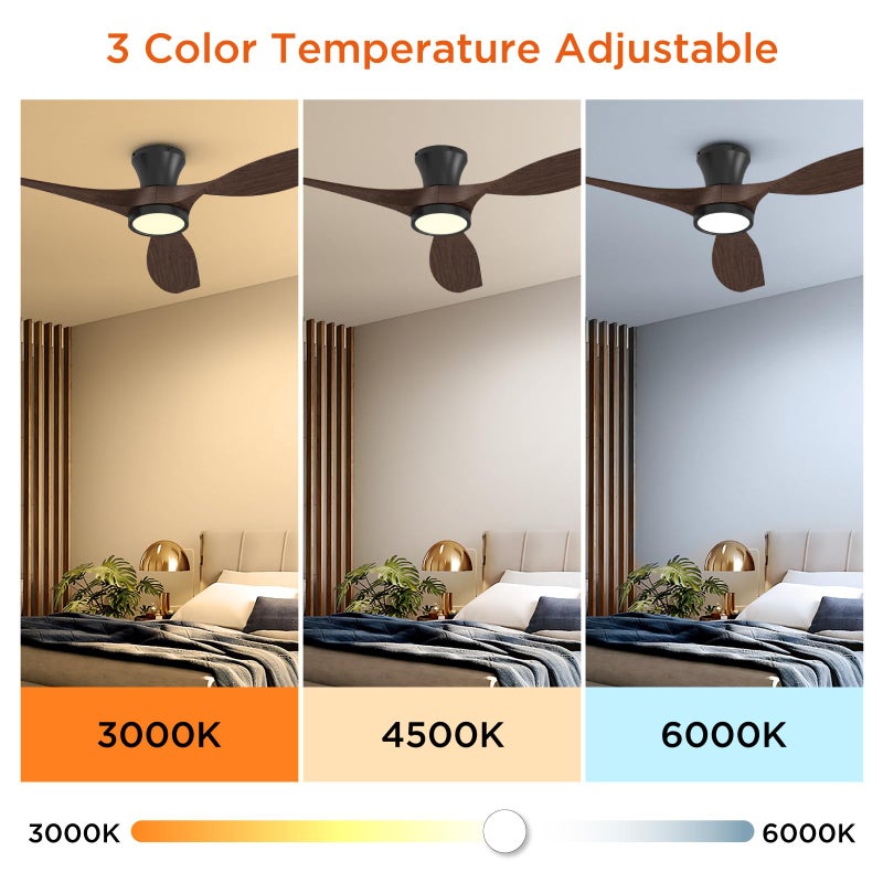 TALOYA 52 Inch Ceiling Fans with Led Lights Remote Control Flush Mount Low Profile for Bedroom Farmhouse Patio Outdoor Living Room Kitchen Dining Room,DC Motor,Reversible,Buzzer ON/Off,Black Walnut - Image 4