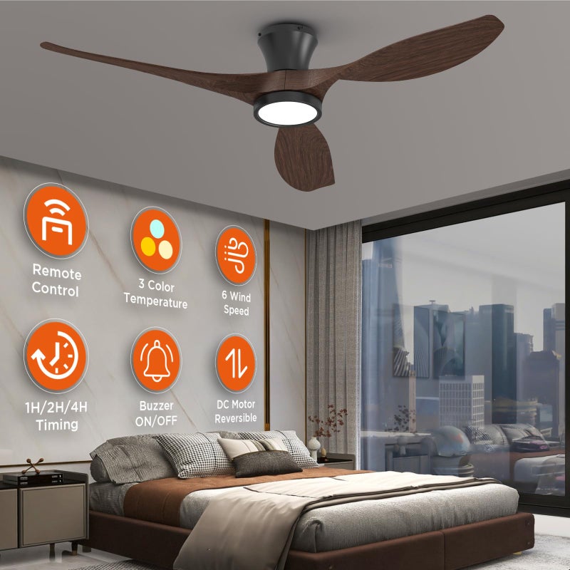 TALOYA 52 Inch Ceiling Fans with Led Lights Remote Control Flush Mount Low Profile for Bedroom Farmhouse Patio Outdoor Living Room Kitchen Dining Room,DC Motor,Reversible,Buzzer ON/Off,Black Walnut - Image 2