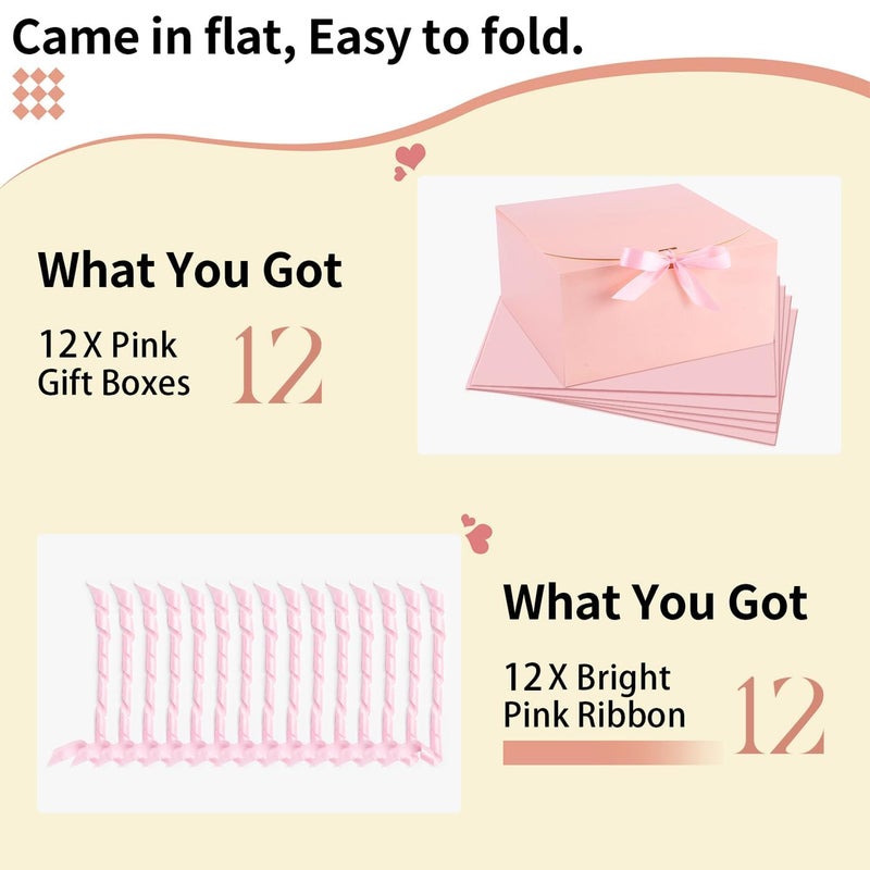 WLUSEAXI 12-Pack Gift Boxes with Lids, Pink with Bow Ribbon, Bridesmaid Proposal Box for Wedding, Christmas, Halloween, Baby Shower - Image 3
