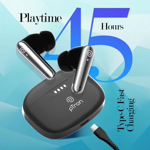 pTron Basspods Tour TWS Earbuds with 3D AudioScape, 45Hrs Playtime, TruTalk AI-ENC Calls, 50ms Low Latency Sync, BT v5.3, Type-C Fast Charging, Voice Asst. & IPX5 Water Resistant (Black) - Image 4