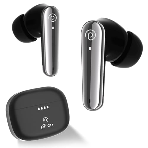 pTron Basspods Tour TWS Earbuds with 3D AudioScape, 45Hrs Playtime, TruTalk AI-ENC Calls, 50ms Low Latency Sync, BT v5.3, Type-C Fast Charging, Voice Asst. & IPX5 Water Resistant (Black) - Image 1