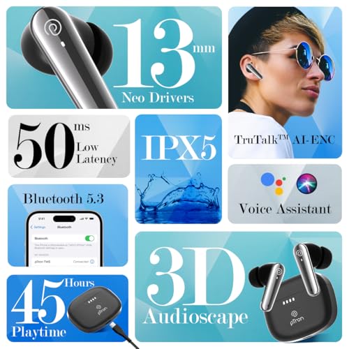 pTron Basspods Tour TWS Earbuds with 3D AudioScape, 45Hrs Playtime, TruTalk AI-ENC Calls, 50ms Low Latency Sync, BT v5.3, Type-C Fast Charging, Voice Asst. & IPX5 Water Resistant (Black) - Image 2
