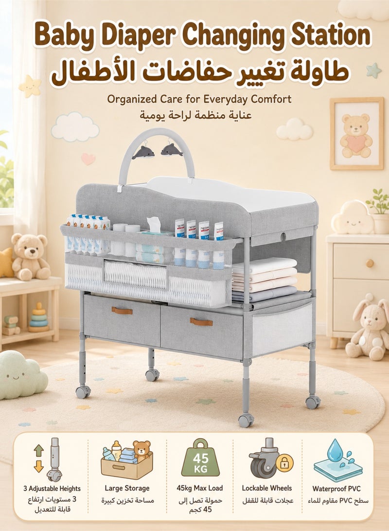 WALALLA Diaper Changing Station, Portable Changing Table for Baby, Diaper Changing Table with Storage Drawers, Waterproof Baby Changing Station with Wheels and Adjustable Height for Newborn Infant and Toddler - Image 1
