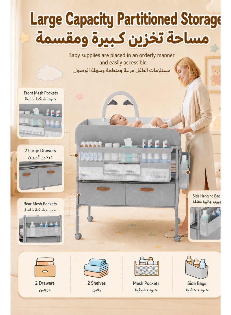 WALALLA Diaper Changing Station, Portable Changing Table for Baby, Diaper Changing Table with Storage Drawers, Waterproof Baby Changing Station with Wheels and Adjustable Height for Newborn Infant and Toddler - Image 3