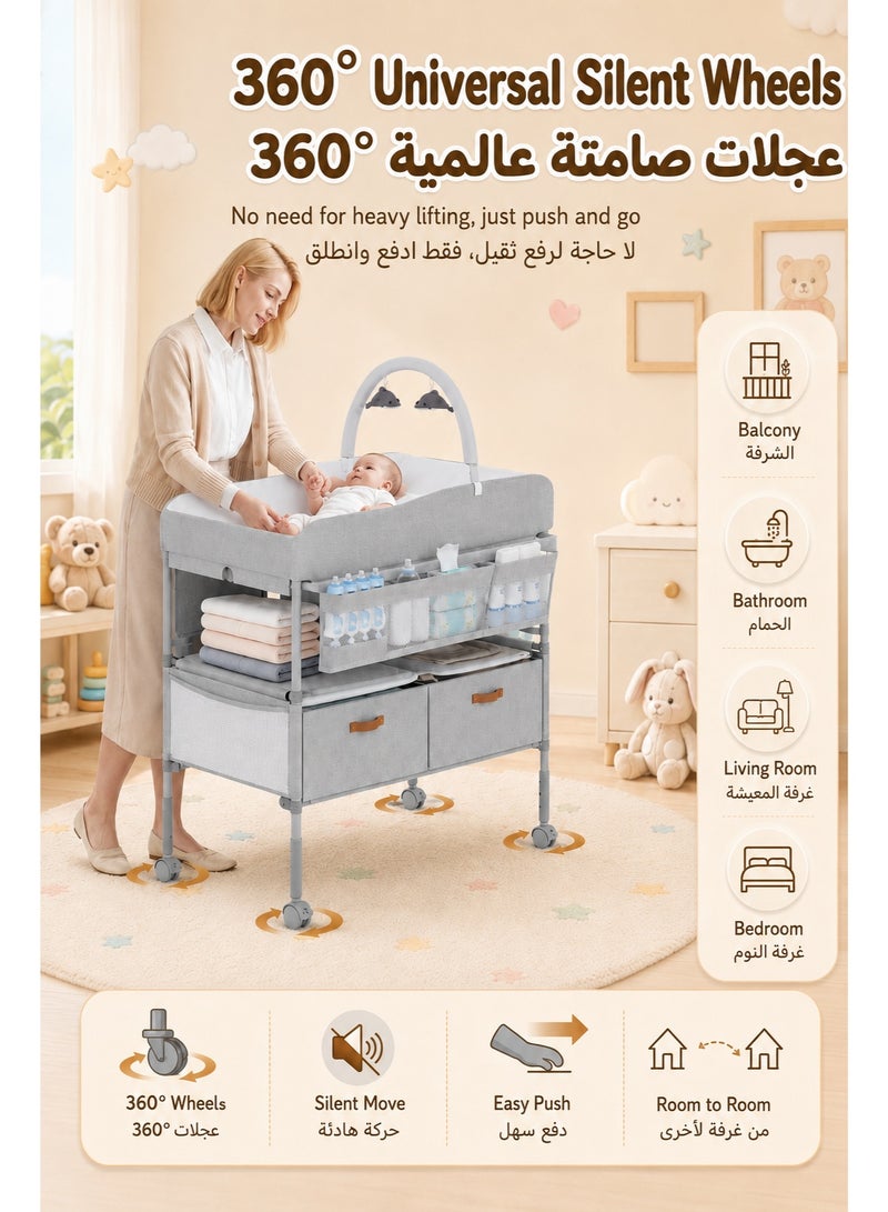 WALALLA Diaper Changing Station, Portable Changing Table for Baby, Diaper Changing Table with Storage Drawers, Waterproof Baby Changing Station with Wheels and Adjustable Height for Newborn Infant and Toddler - Image 4