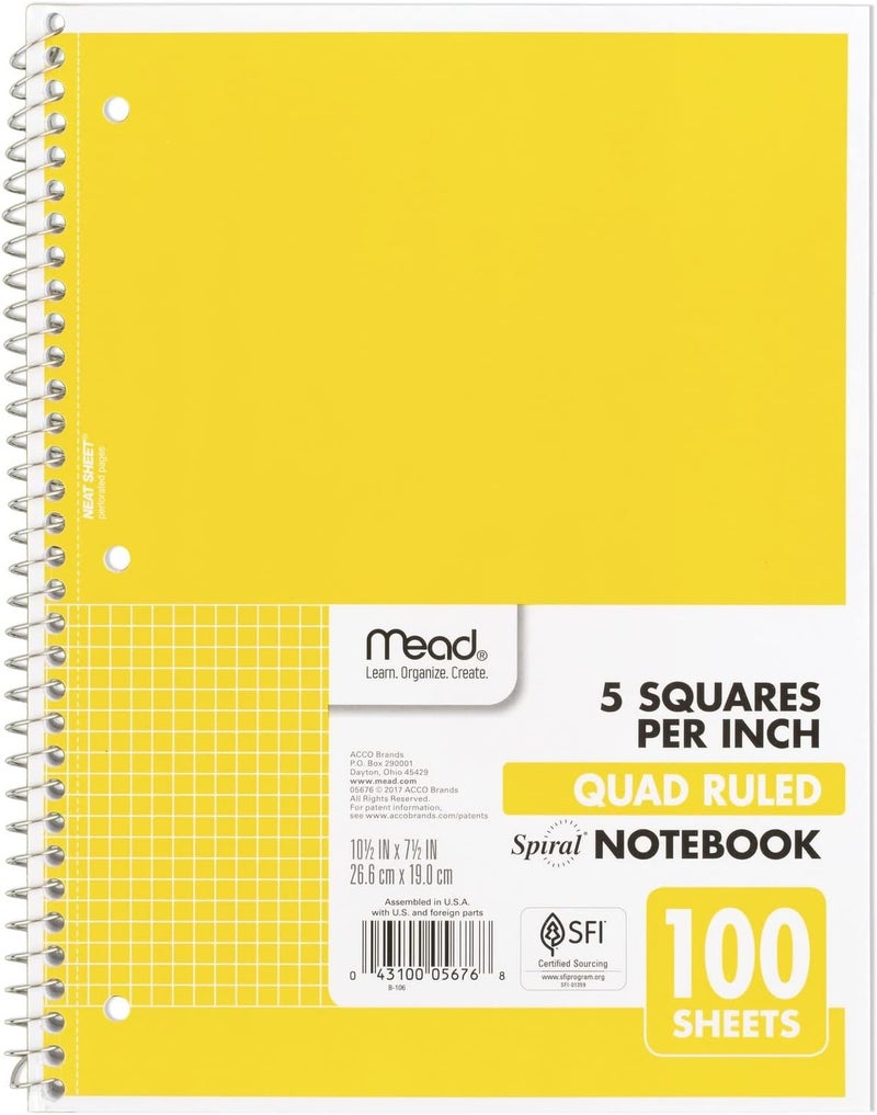 Mead Spiral Notebook, 1-Subject, Graph Ruled Paper, 7-1/2" x 10-1/2", 100 Sheets, Yellow (05676AZ7) - Image 1