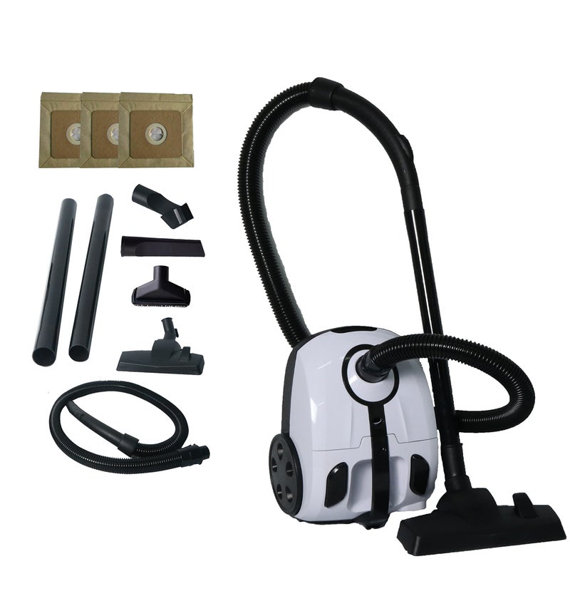 Impecca Bagged Canister Vacuum Cleaner for Carpets Rugs Hard Floors Upholstery Powerful 1000W Motor 2L Dust Capacity Includes 6 Cleaning Tools and 3 Bags White