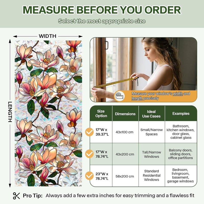 Aomkmi Floral Window Privacy Films, Stained Glass Rainbow Window Sticker Decor, UV Blocking Removable Static Cling Film for Bathroom Living Room Bedroom Sunroof, 17 x 39.37 Inch - Image 2