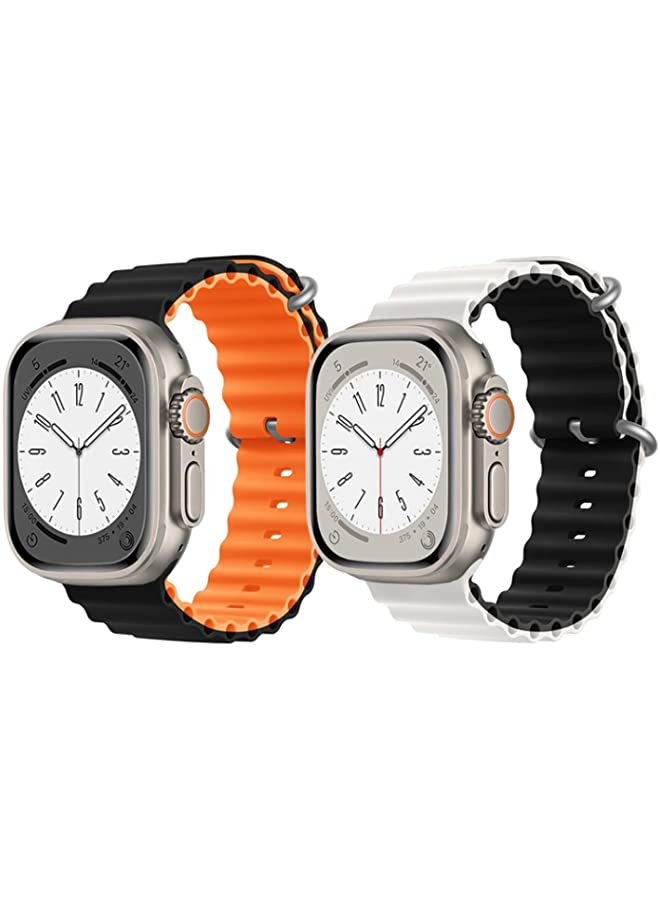 IAF Silicone Ocean Band Strap for Apple Watch Ultra 8 49mm Black/Orange Double Side Strap with White/Black Double Side Strap Set of 2