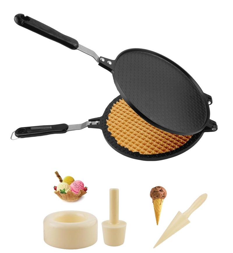 THW Commercial Non Stick Waffle Maker with Ice Cream Cone and Bowl Mould Teflon Coated Gas Stove Compatible Perfect for Waffle Cones Bowls Crepes and Snacks 1000 watts - Image 1