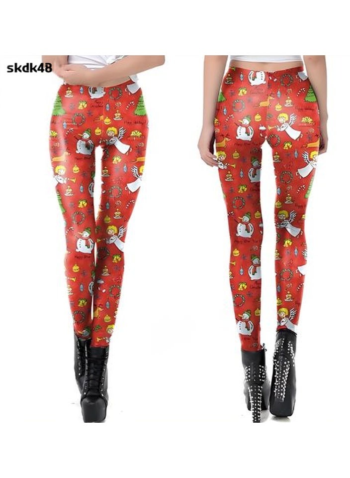 إسكدنيا النساء مطبوعة عيد الميلاد ملابس عالية الخصر عيد الميلاد ضيق العطلة بنطلون رقيقة - Image 2