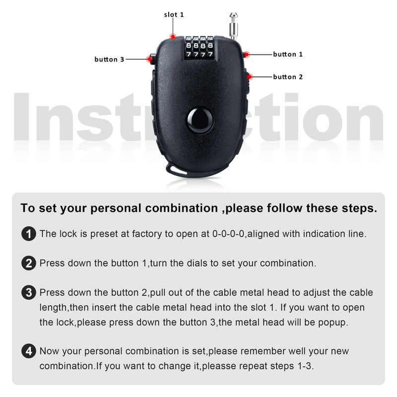 JAGASOL Motorcycle Helmet Lock, 4 Digit Combination 27.5 Inch Retractable Cable Lock for Snowboard, Bike Luggage Backpack Scooter Suitcase Ski, Small Multi-Function Secure Lock for Travel, Black - Image 4