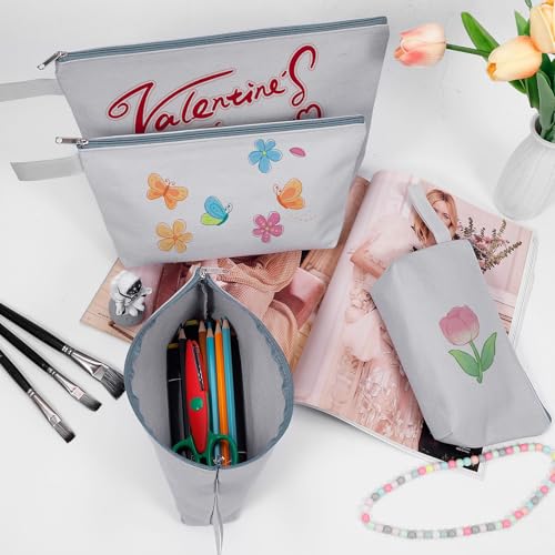 Sinzip 10 Pieces Cotton Canvas Makeup Bag with Bottom and Strap, Multi-Purpose Cosmetic Bag with Zipper Travel Toiletry Pouch, Blank DIY Craft Bag (Grey, M) - Image 3