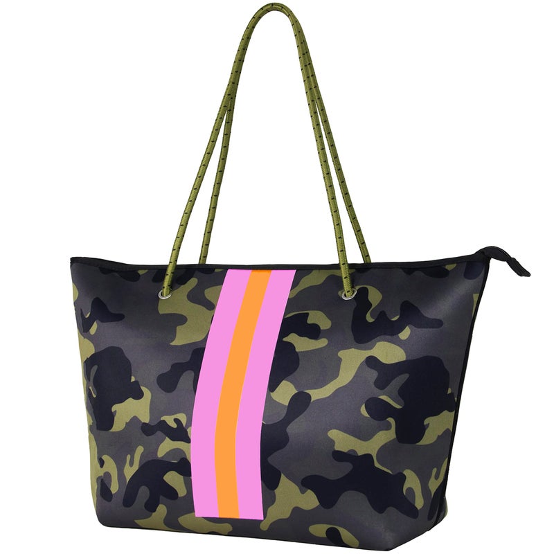 QOGiR Neoprene Multipurpose Beach Bag Tote with Inner Zipper Pocketï¼ˆGreen Camoï¼‰ â€¦ - Image 1