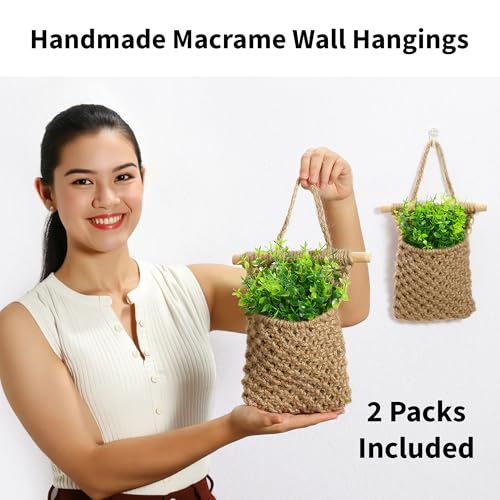 Shineloha 2 Packs Macrame Wall Planters with Artificial Eucalyptus | Macrame Plant Hanger, Wall Plant Holders for Boho, Bathroom, Bedroom & Wall Hanging Decor (2 Packs, Brown) - Image 4