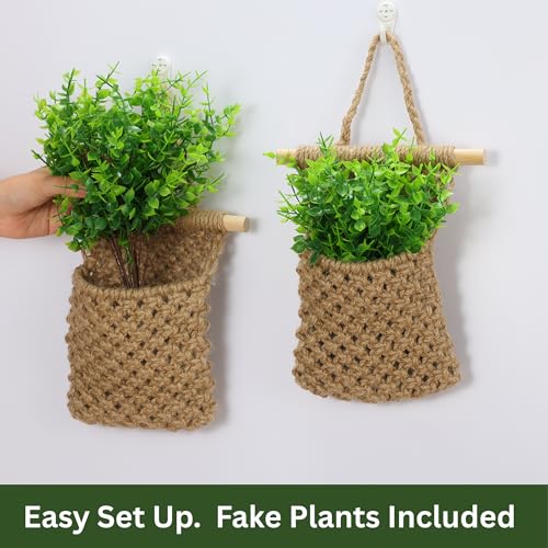 Shineloha 2 Packs Macrame Wall Planters with Artificial Eucalyptus | Macrame Plant Hanger, Wall Plant Holders for Boho, Bathroom, Bedroom & Wall Hanging Decor (2 Packs, Brown) - Image 5