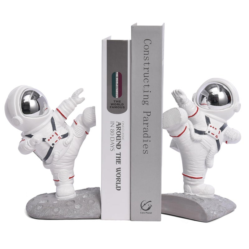 Kakizzy White Book Ends for Kids, Upgraded Astronaut Bookends Resin Spaceman Book Holders for Shelves Sturdy Book Stopper Book Ends to Hold Books Unique Outer Space Book Shelf Ends(F2-Silver Color) - Image 1