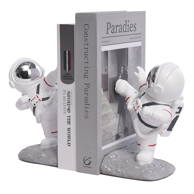 Kakizzy White Book Ends for Kids, Upgraded Astronaut Bookends Resin Spaceman Book Holders for Shelves Sturdy Book Stopper Book Ends to Hold Books Unique Outer Space Book Shelf Ends(F2-Silver Color) - Image 4