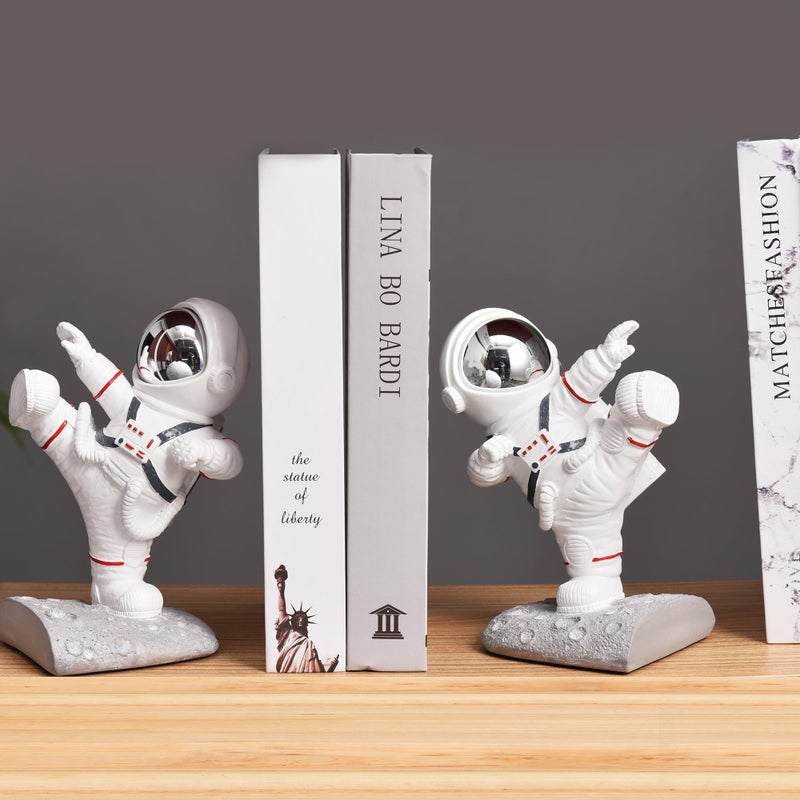Kakizzy White Book Ends for Kids, Upgraded Astronaut Bookends Resin Spaceman Book Holders for Shelves Sturdy Book Stopper Book Ends to Hold Books Unique Outer Space Book Shelf Ends(F2-Silver Color) - Image 5