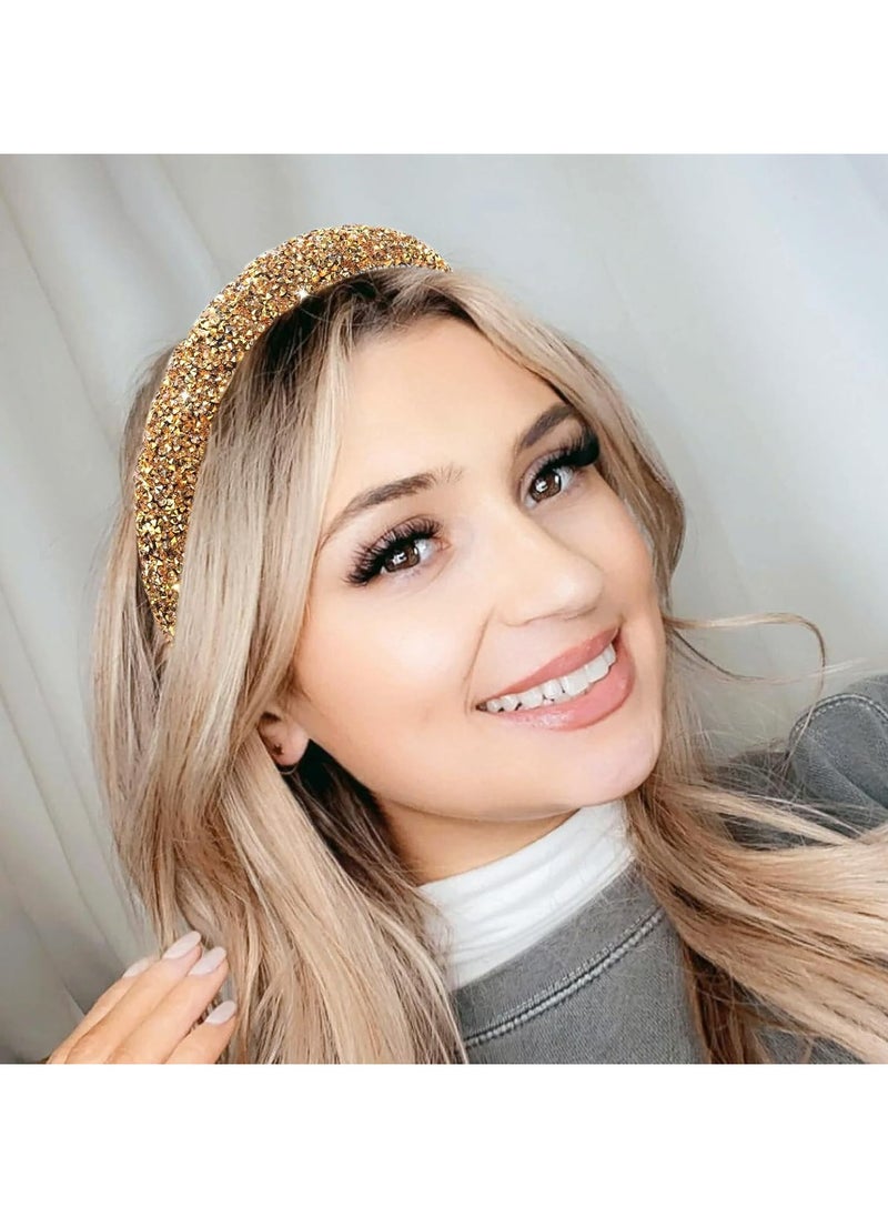 Oasisgalore - Rhinestone Headband for Women, Sparkly Padded Hair Hoop for Party, Wedding, and Gifts (Gold) - Image 1