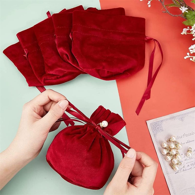 Velvet Bags, Round Bottom Drawstring Velvet Cloth Gift Pouches Jewelry Candy Gift Bags with Imitation Pearl Charm for Wedding Birthday Party Favors, 12 Pcs, Dark Red, 13.2 x 14 cm - Image 3