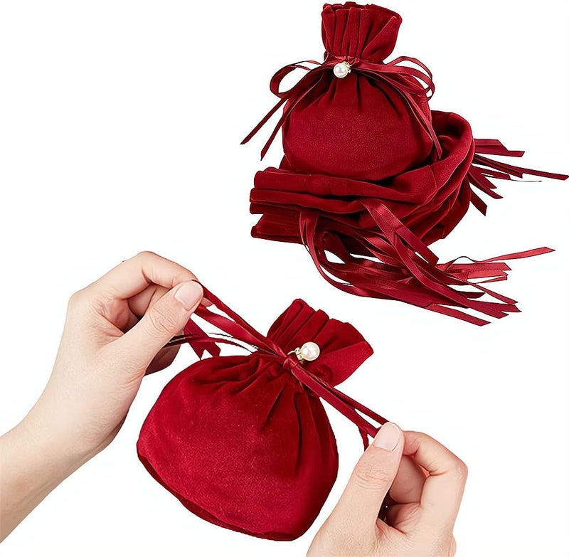 Velvet Bags, Round Bottom Drawstring Velvet Cloth Gift Pouches Jewelry Candy Gift Bags with Imitation Pearl Charm for Wedding Birthday Party Favors, 12 Pcs, Dark Red, 13.2 x 14 cm - Image 1