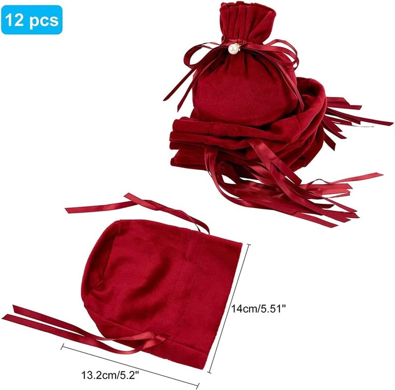 Velvet Bags, Round Bottom Drawstring Velvet Cloth Gift Pouches Jewelry Candy Gift Bags with Imitation Pearl Charm for Wedding Birthday Party Favors, 12 Pcs, Dark Red, 13.2 x 14 cm - Image 4
