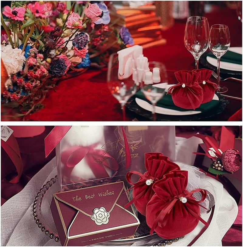 Velvet Bags, Round Bottom Drawstring Velvet Cloth Gift Pouches Jewelry Candy Gift Bags with Imitation Pearl Charm for Wedding Birthday Party Favors, 12 Pcs, Dark Red, 13.2 x 14 cm - Image 2
