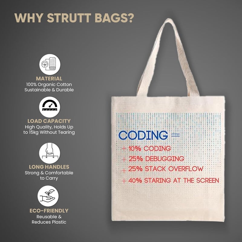 STRUTT حقائب قماش قابلة لإعادة الاستخدام | حقيبة تسوق / بقالة من قطن عضوي 100% | حقيبة متعددة الأغراض صديقة للبيئة | حقيبة قماش متينة بسعة 15 كجم | حقيبة كلية | استخدام يومي | عبوة فردية (كودير) - Image 2