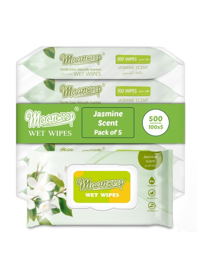 Moonwisp Wet Wipes for Cleaning and Hand Sanitizing, Jasmine Scented, Moisturizing, Travel-Friendly, Hypoallergenic, All-Purpose Wipes, Perfect for Adults and Kids (Green, PACK 5) - Image 1