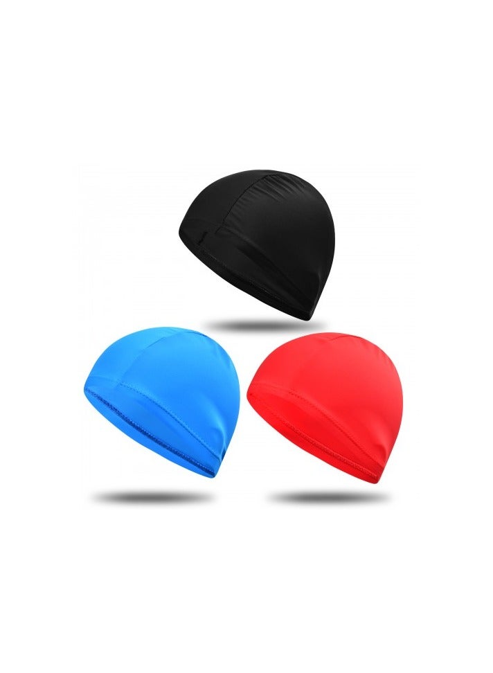 3 Pack Swimming Caps for Adults and Teens – Soft Polyester Swim Hats in Red, Blue and Black – Lightweight, Quick-Dry, Stretchable Pool Caps - Image 1