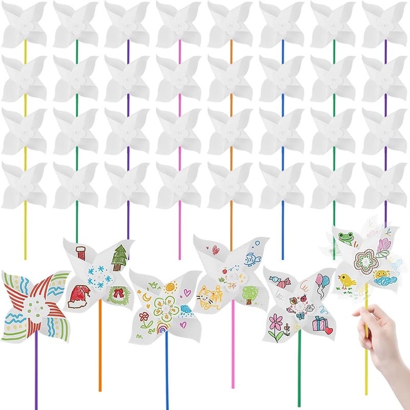 KASTWAVE 36 Pcs DIY Pinwheels for Kids White Paper Pinwheels Craft Kits,DIY Craft White Blank Paper Color Your Own Pinwheels for Boys Girls Summer Activities Arts Handicraft Party Favor(Pole Color is Random) - Image 1