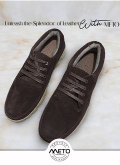 Meto Brown suede casual shoe with genuine leather lace-up and beige safety sole  - Image 2